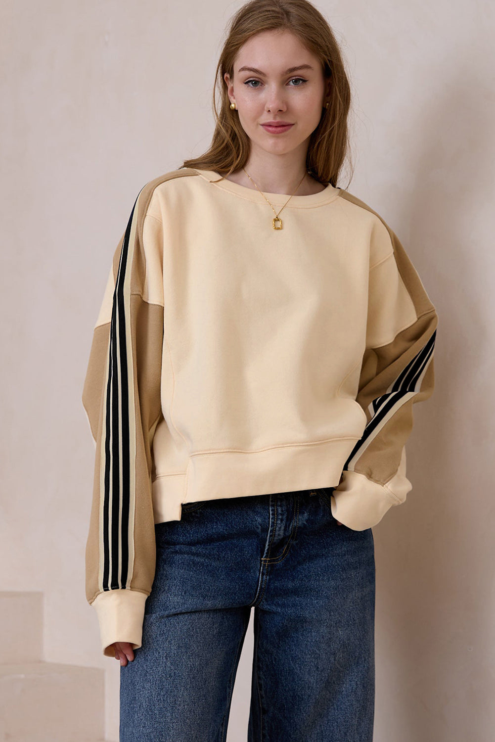 Beige Striped Colour-block Drop Sleeve Sweatshirt