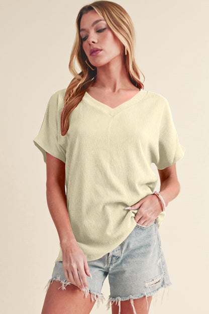 Basic Plain Textured V Neck T-Shirt