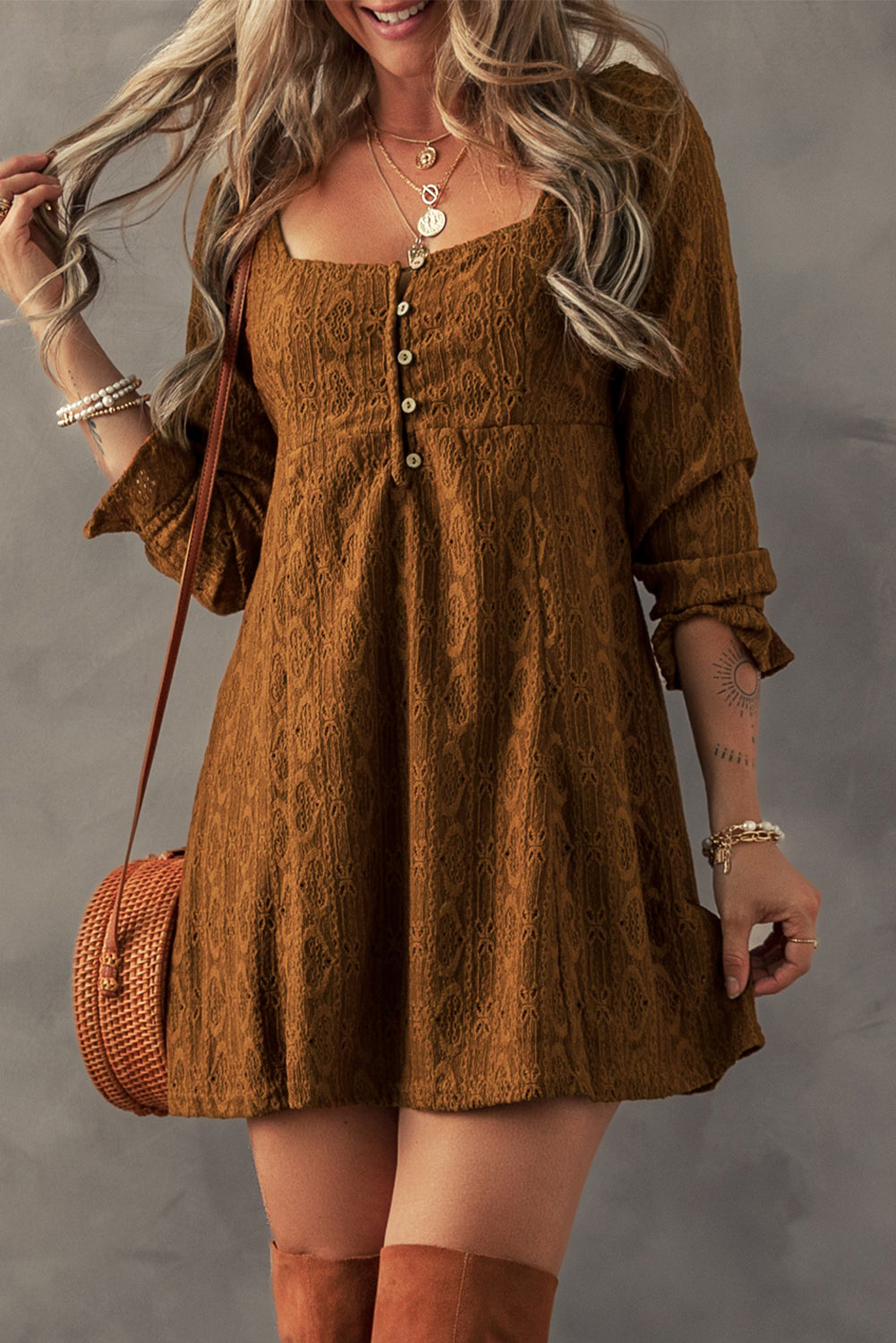Chestnut Crochet Square Neck Mini Dress