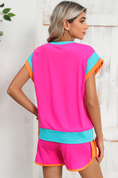 Color-Block Top and Elastic Waist Shorts Set