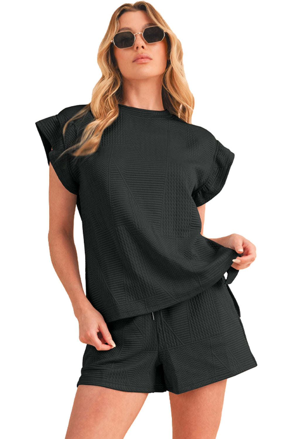 Textured Ruffle Top and Drawstring Shorts Set