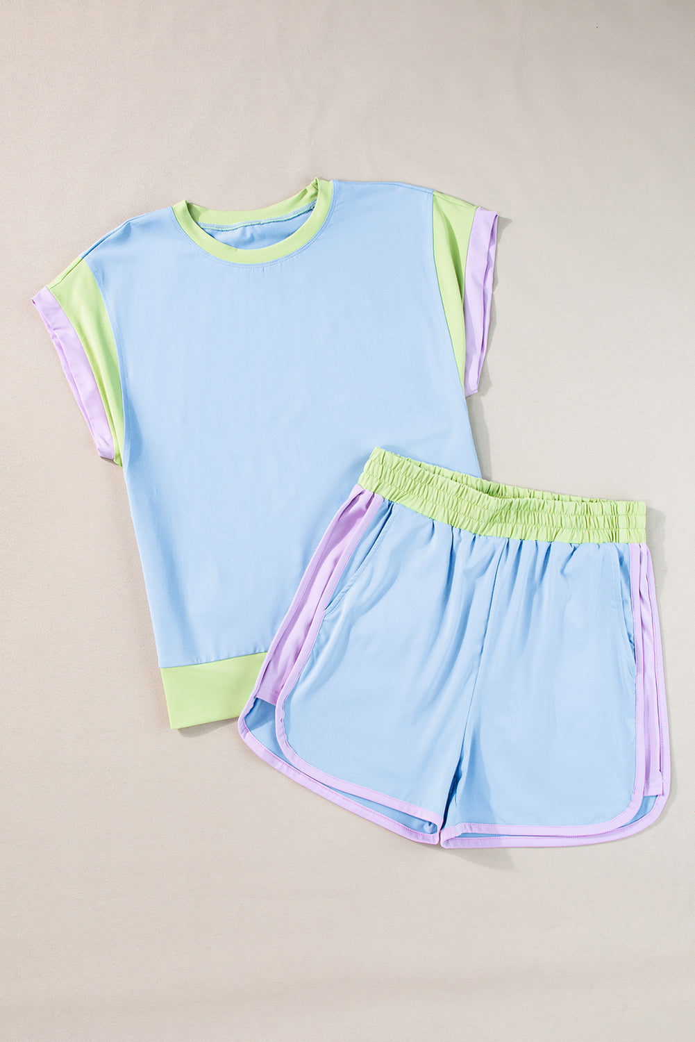 Color-Block Top and Elastic Waist Shorts Set