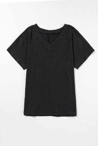 Basic Plain Textured V Neck T-Shirt