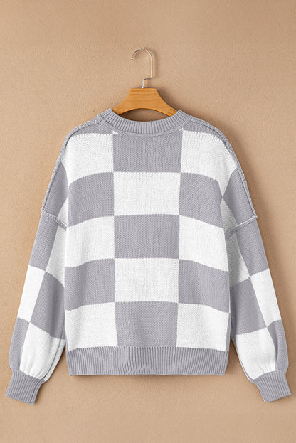 Checked Bishop Sleeve Pullover Sweater