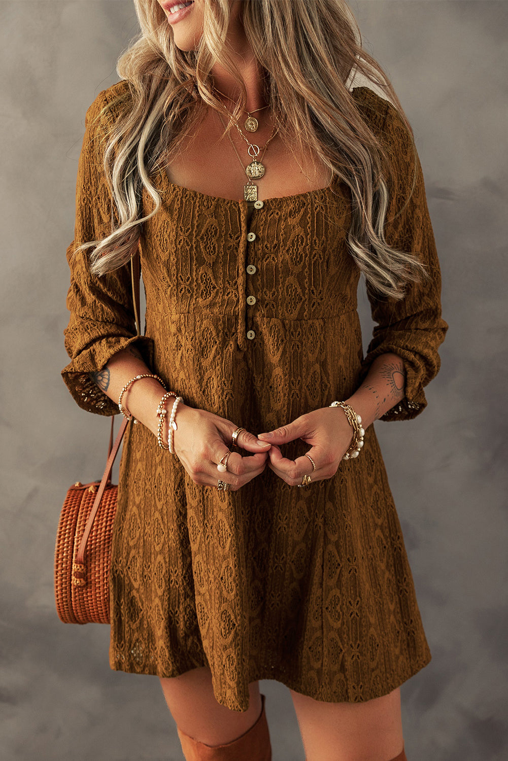 Chestnut Crochet Square Neck Mini Dress