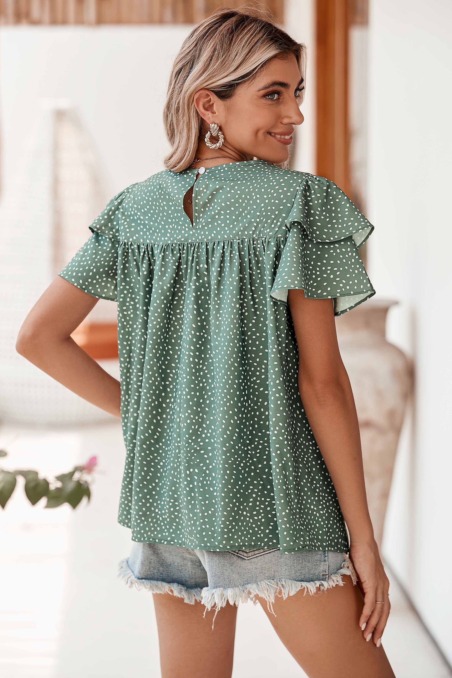 Printed Ruffle Sleeve Blouse
