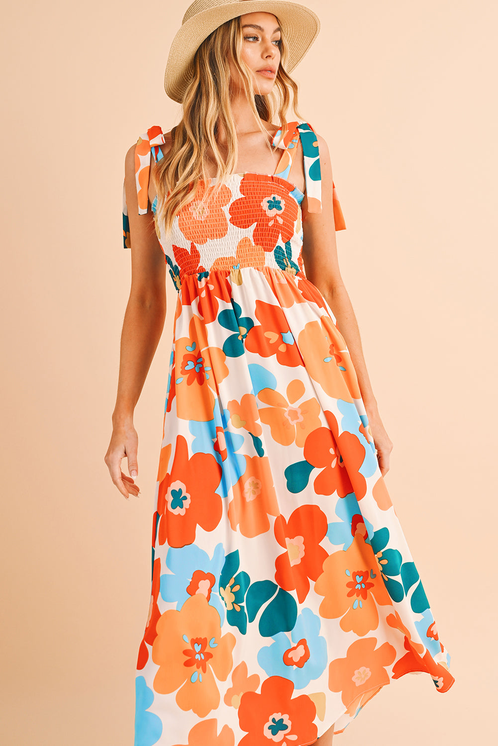 Isla Floral Printed Shoulder Tie Smocked Maxi Dress