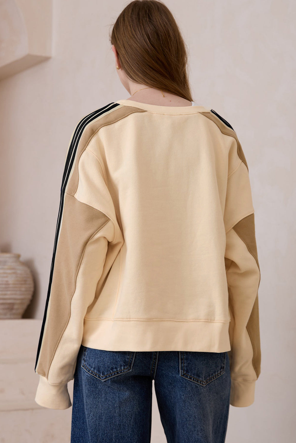 Beige Striped Colour-block Drop Sleeve Sweatshirt