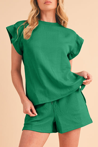 Textured Ruffle Top and Drawstring Shorts Set