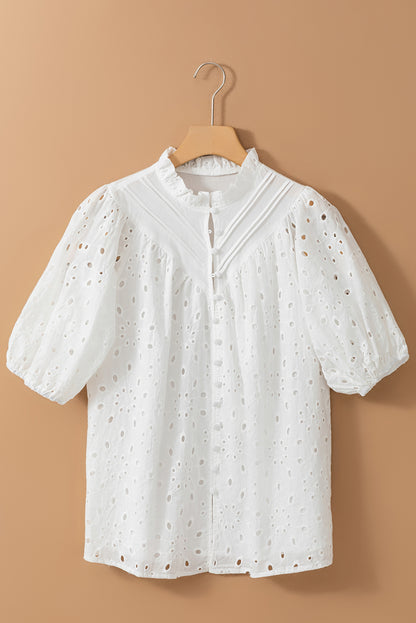 Eyelet Short Puff Sleeve Blouse