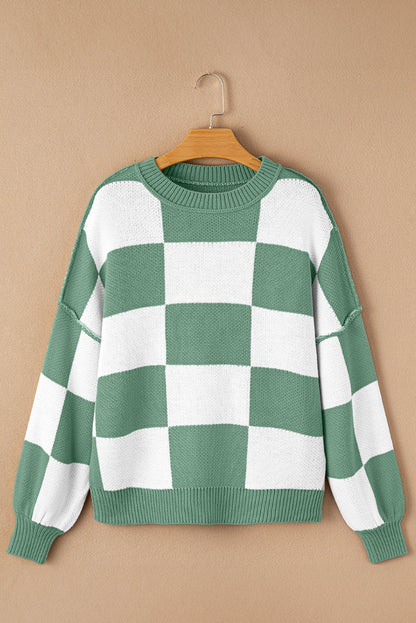 Checked Bishop Sleeve Pullover Sweater