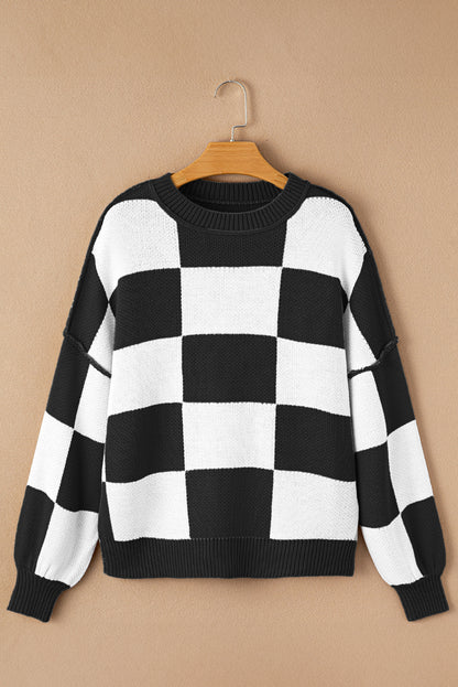 Checked Bishop Sleeve Pullover Sweater