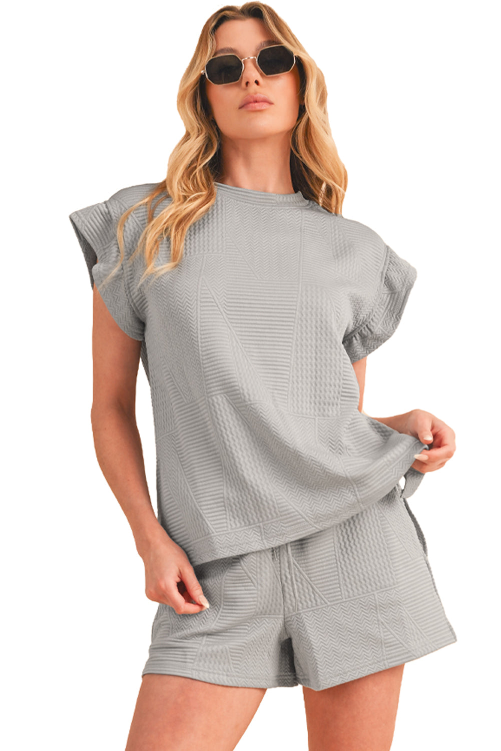 Textured Ruffle Top and Drawstring Shorts Set