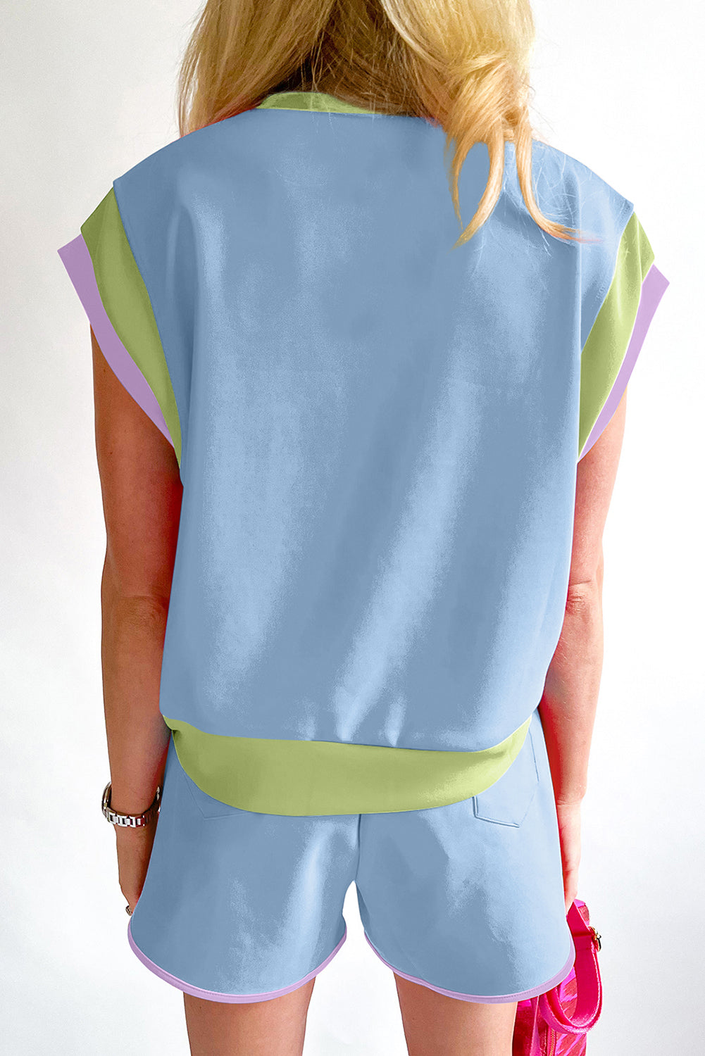 Color-Block Top and Elastic Waist Shorts Set