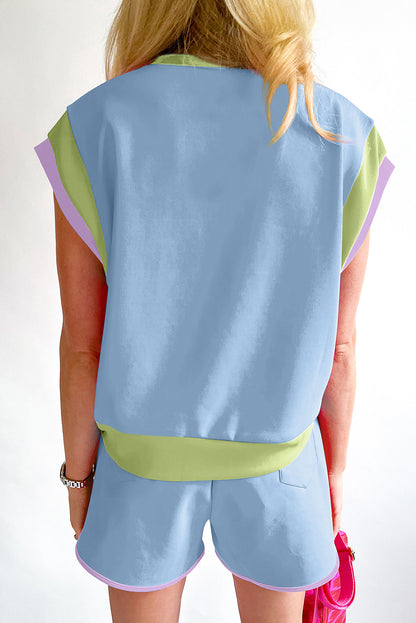 Color-Block Top and Elastic Waist Shorts Set