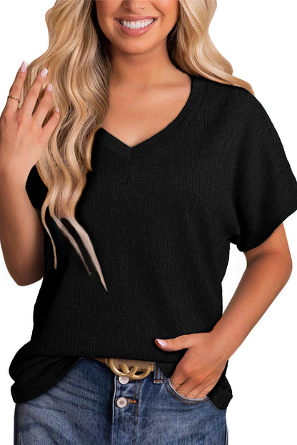 Basic Plain Textured V Neck T-Shirt