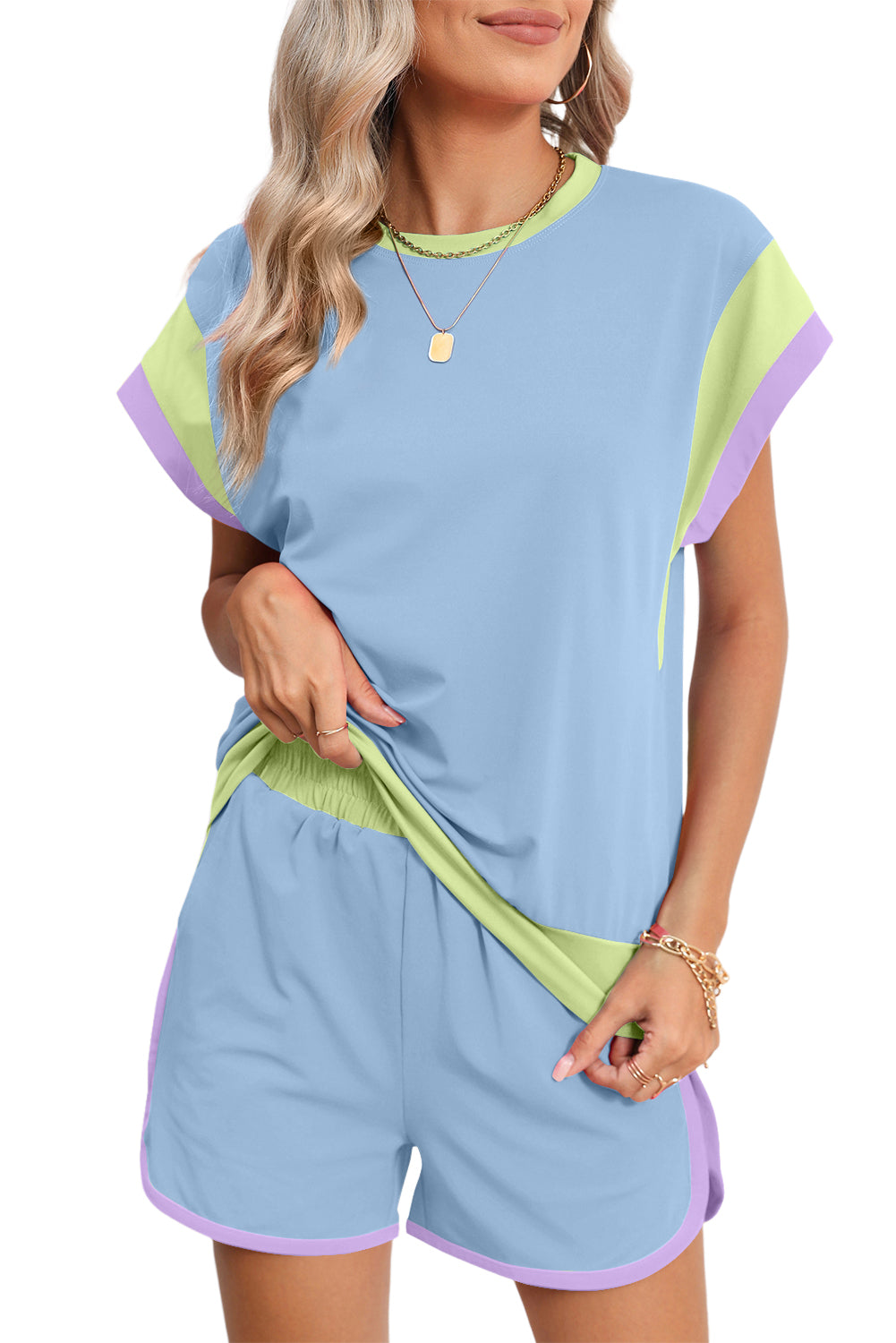 Color-Block Top and Elastic Waist Shorts Set