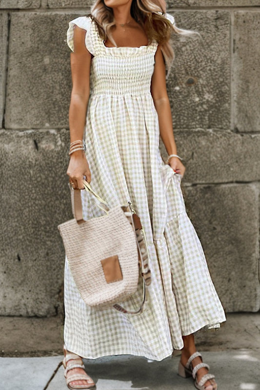 Plaid Ruffled Sleeve Smocked Maxi Dress