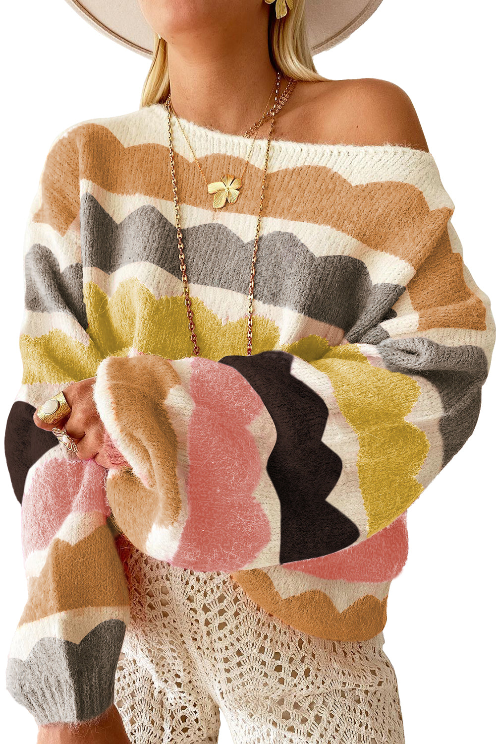 Kaia Wave Striped Balloon Sleeve Sweater