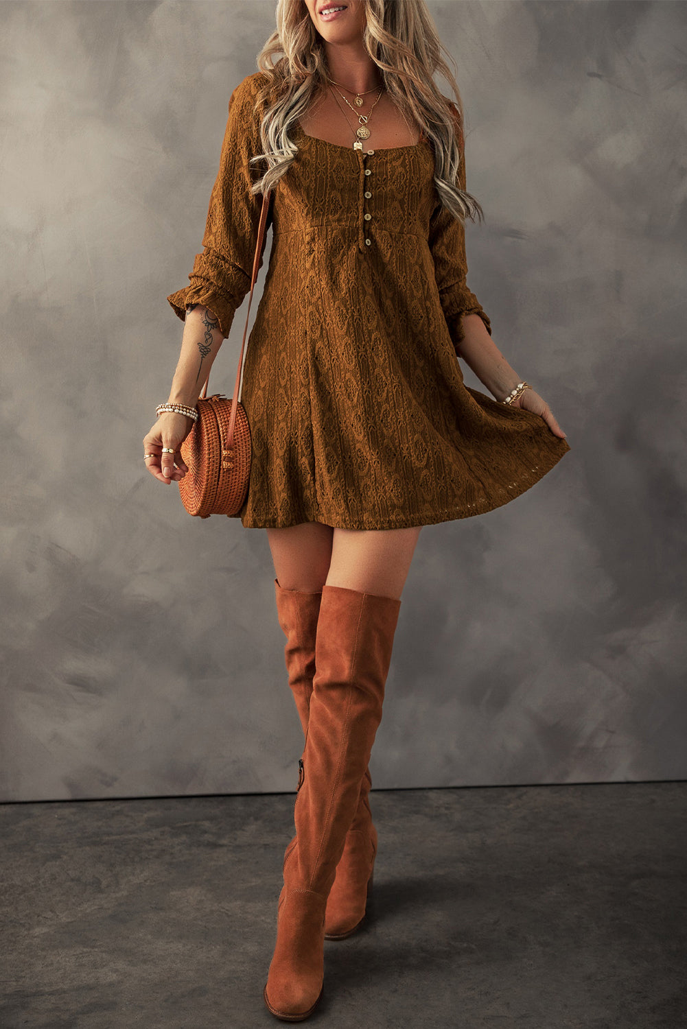 Chestnut Crochet Square Neck Mini Dress