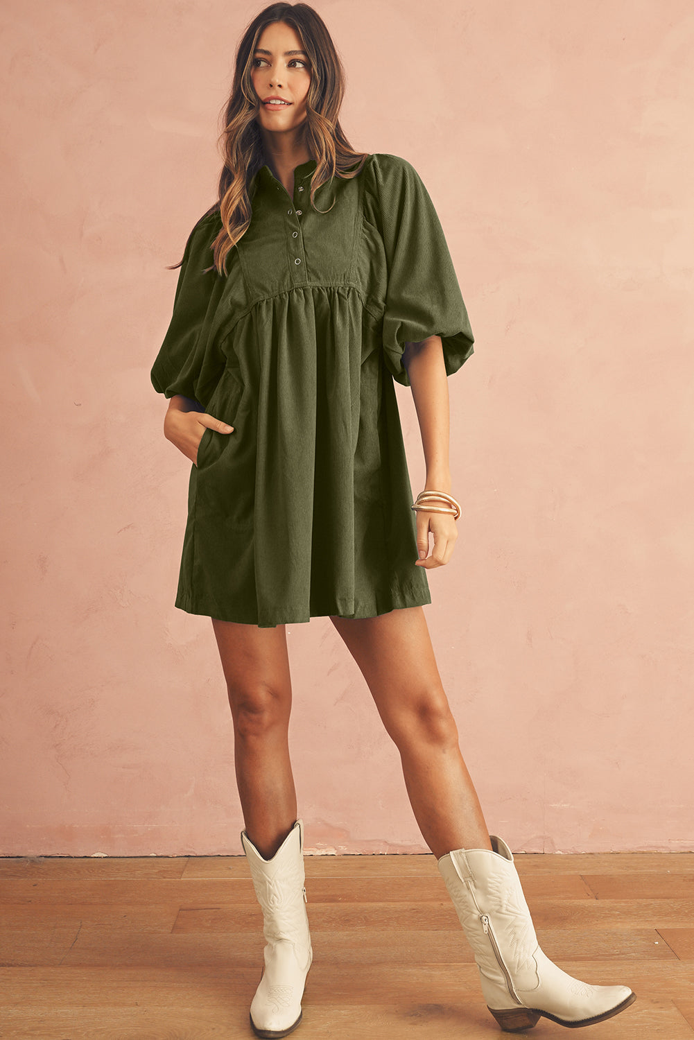 Corduroy Empire Waist Lantern Sleeve Dress