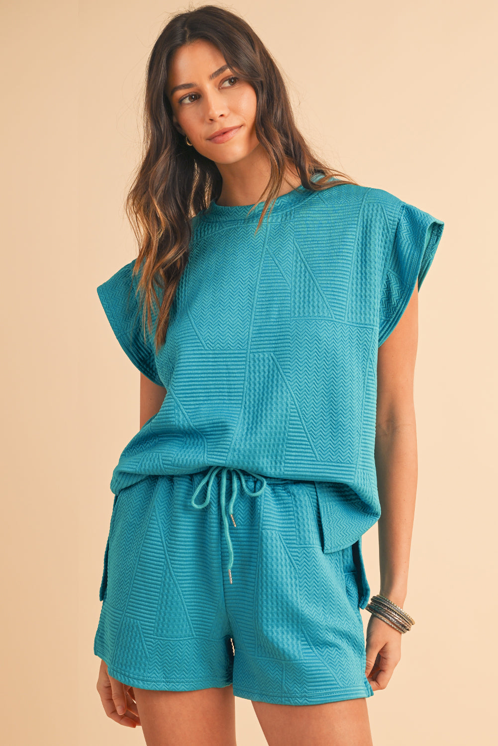 Textured Ruffle Top and Drawstring Shorts Set