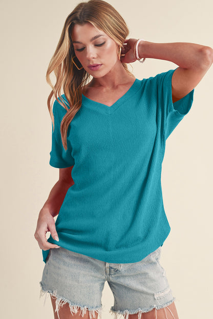 Basic Plain Textured V Neck T-Shirt