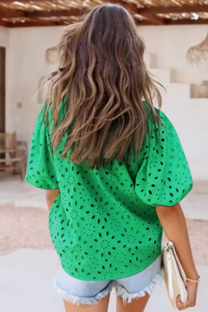 Eyelet Short Puff Sleeve Blouse