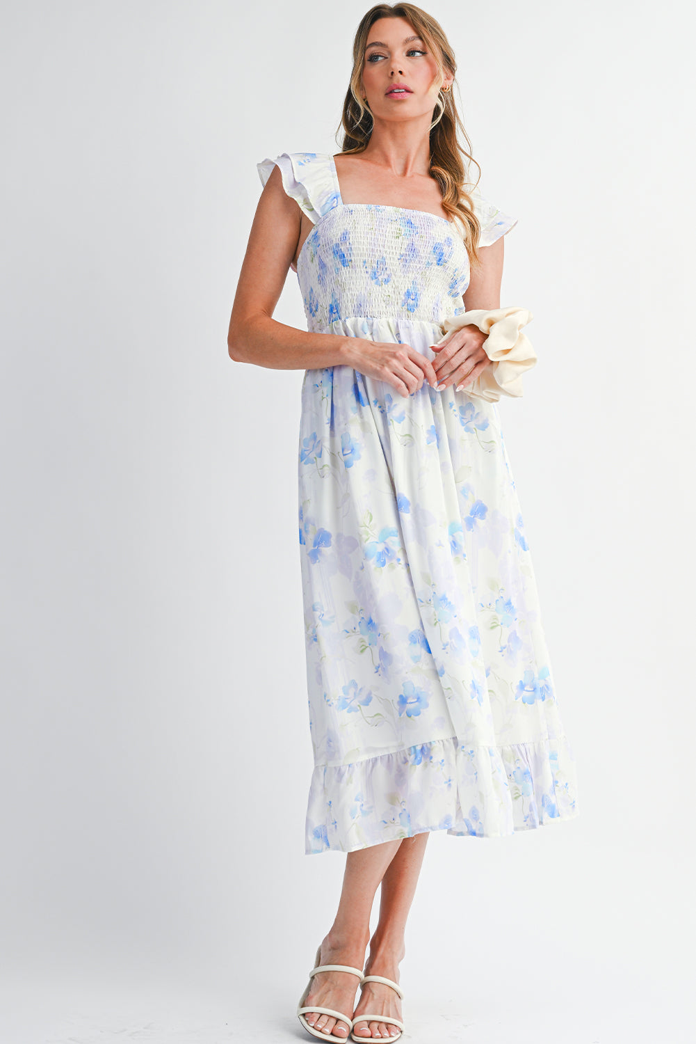 Sky Blue Floral Smocked Maxi Dress