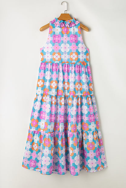 Lina Retro Floral Sleeveless Tiered Maxi Dress