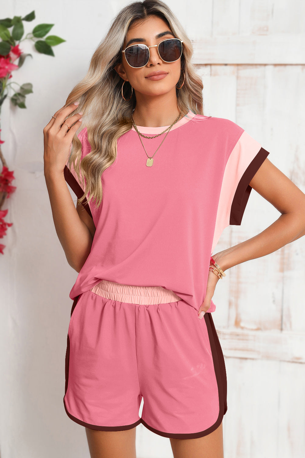 Color-Block Top and Elastic Waist Shorts Set
