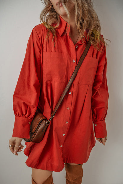 Chérie Bishop Sleeve Button-Up Pleated Mini Shirt Dress