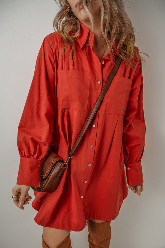 Chérie Bishop Sleeve Button-Up Pleated Mini Shirt Dress