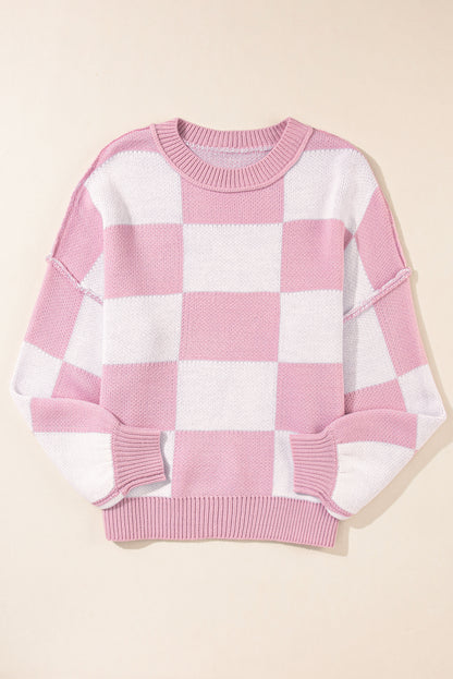 Checked Bishop Sleeve Pullover Sweater