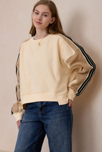 Beige Striped Colour-block Drop Sleeve Sweatshirt