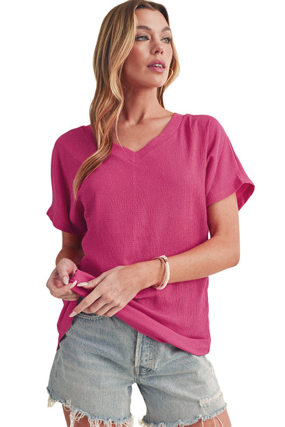 Basic Plain Textured V Neck T-Shirt