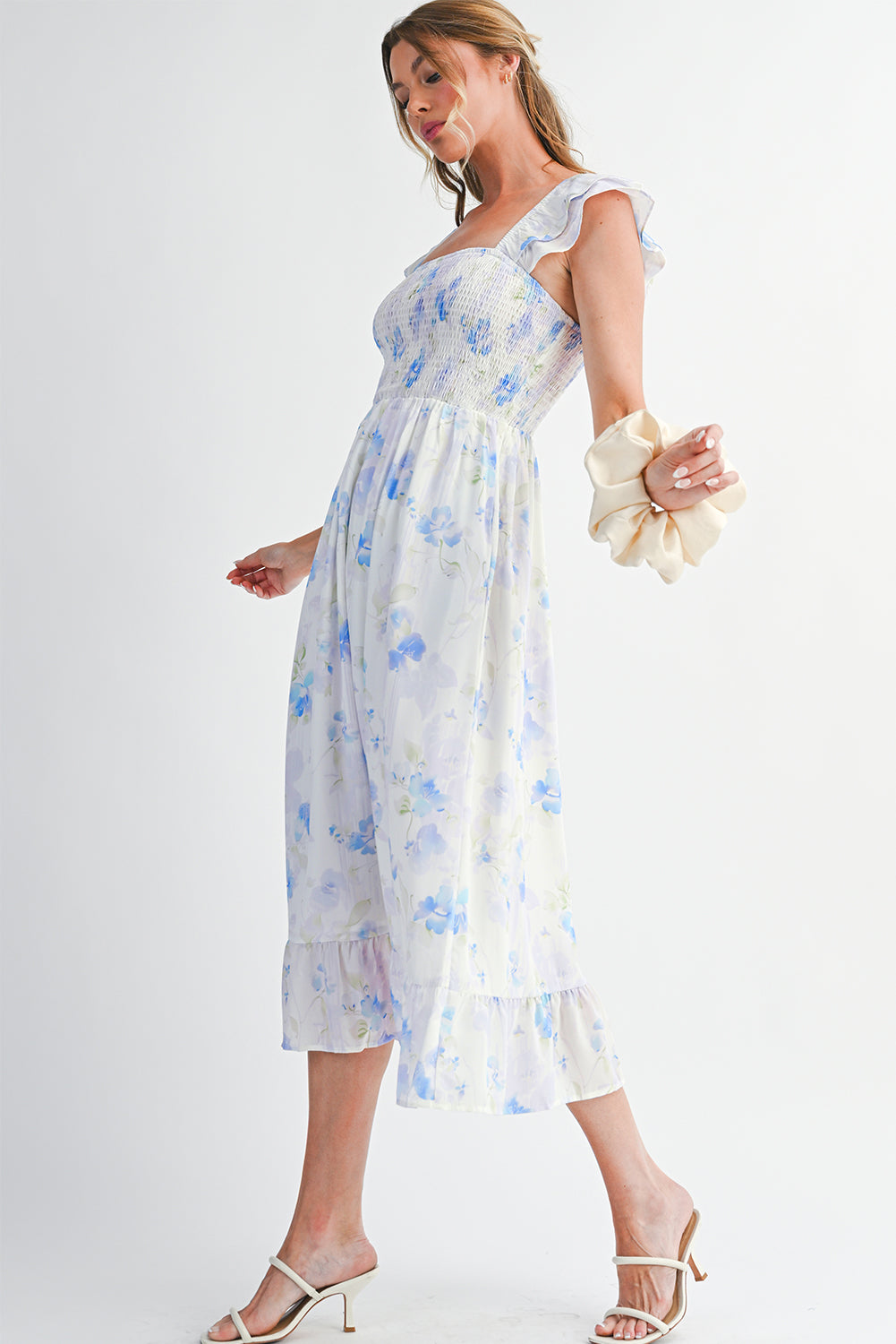 Sky Blue Floral Smocked Maxi Dress
