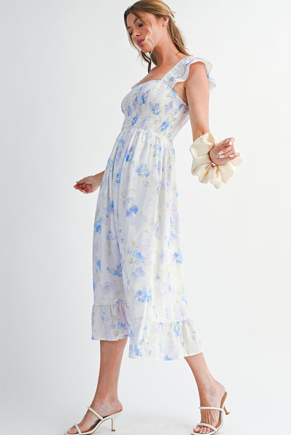 Sky Blue Floral Smocked Maxi Dress