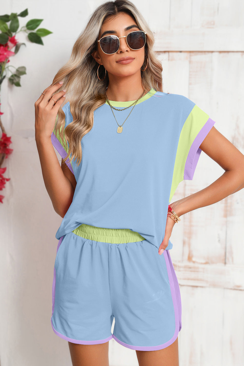Color-Block Top and Elastic Waist Shorts Set