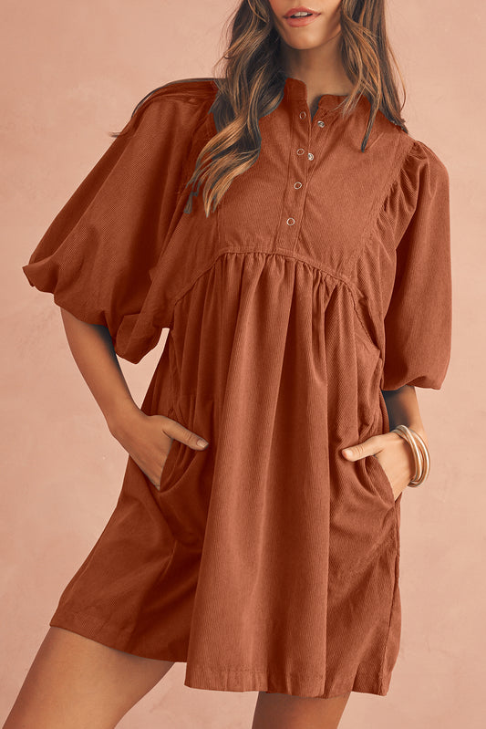 Corduroy Empire Waist Lantern Sleeve Dress