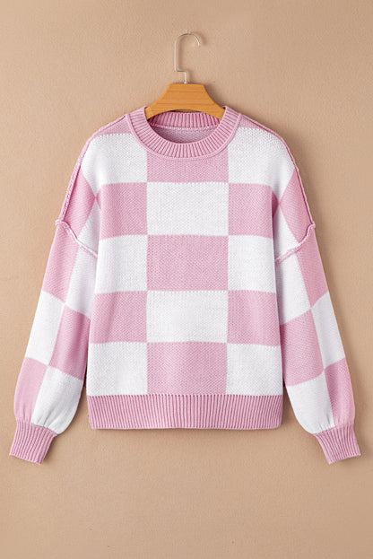 Checked Bishop Sleeve Pullover Sweater
