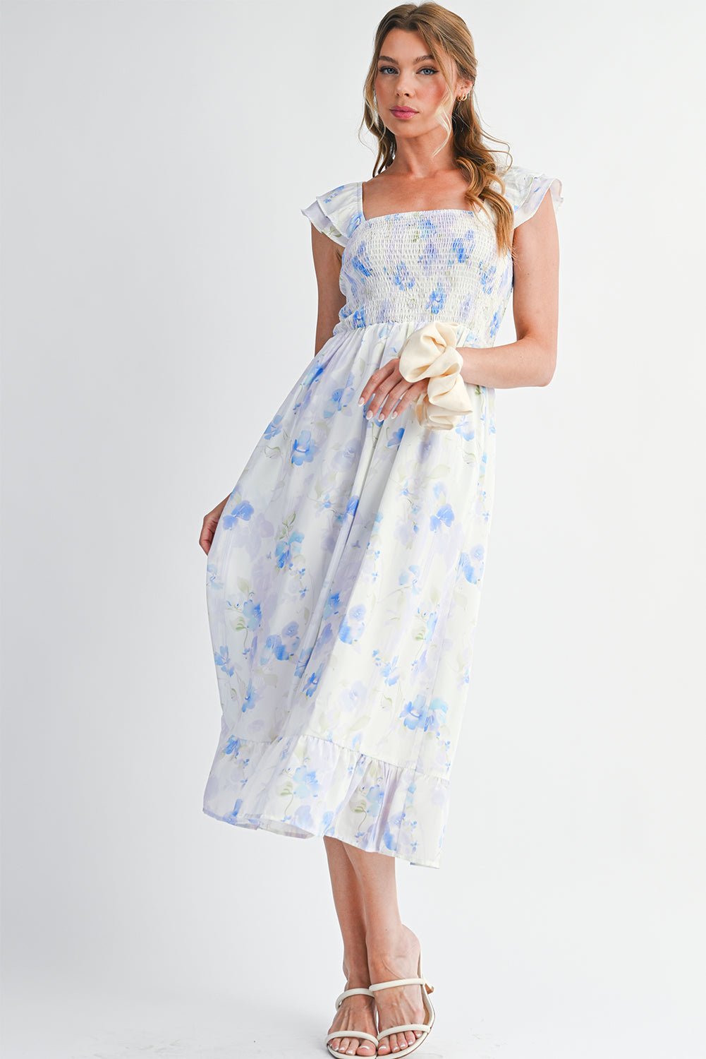 Sky Blue Floral Smocked Maxi Dress