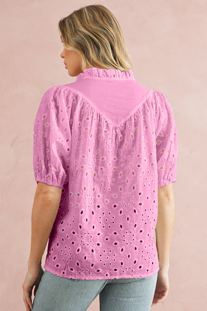 Eyelet Short Puff Sleeve Blouse
