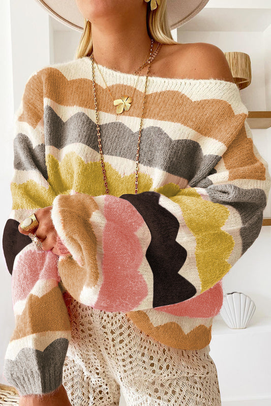 Kaia Wave Striped Balloon Sleeve Sweater