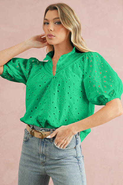 Eyelet Short Puff Sleeve Blouse