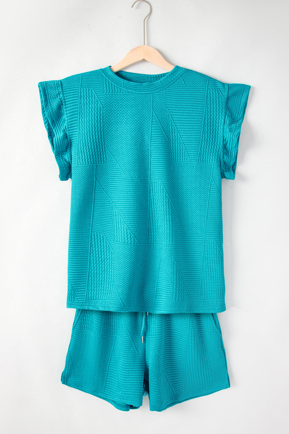 Textured Ruffle Top and Drawstring Shorts Set