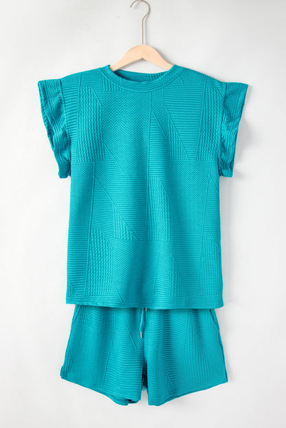 Textured Ruffle Top and Drawstring Shorts Set