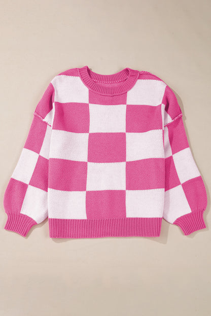 Checked Bishop Sleeve Pullover Sweater