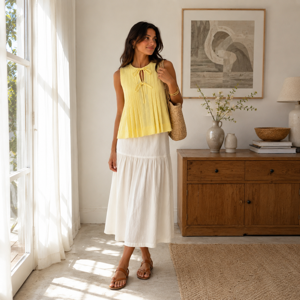 Buttercup Bow Tie Pleated Sleeveless Top