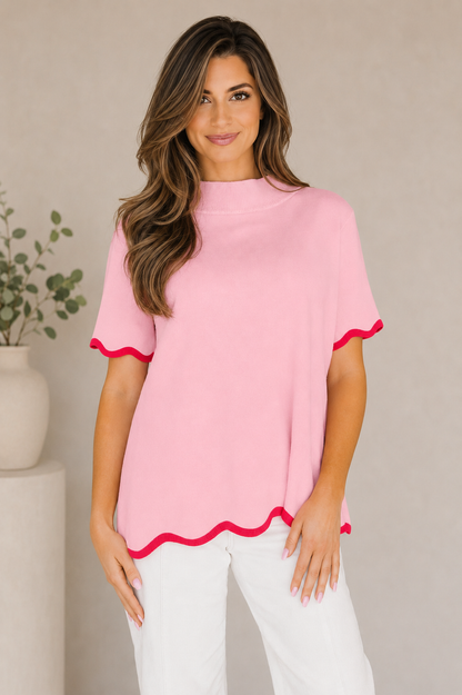 Ayra Contrast Wavy Trim Sweater Top